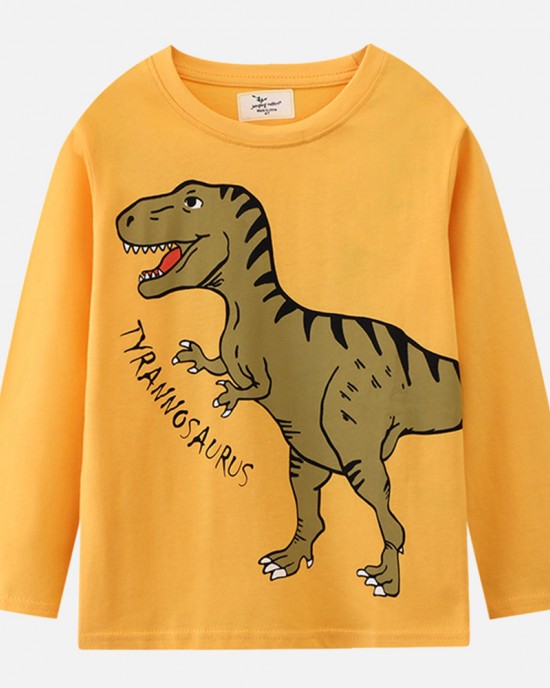 【18M-7Y】Boys Yellow Dinosaur Print Round Neck Long Sleeve T-shirt