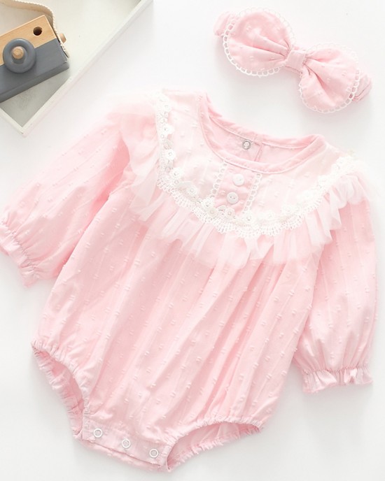 【0M-24M】2-piece Baby Girl Multicolor Cotton Jacquard Long Sleeve Romper With Hairband