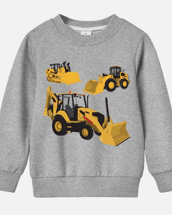 【12M-9Y】Boys Cotton Stain Resistant Excavator And Tractor Print Long Sleeve Sweatshirt