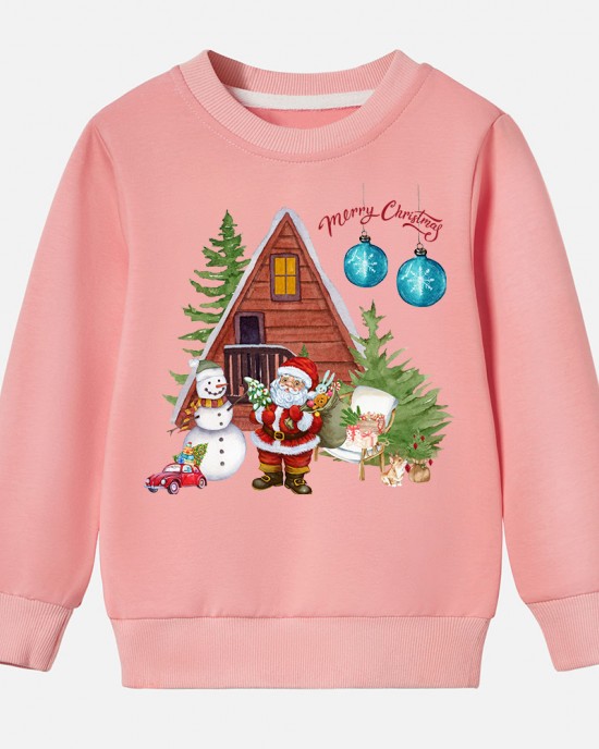 【12M-9Y】Unisex Kids Cotton Stain Resistant Christmas Print Long Sleeve Sweatshirt