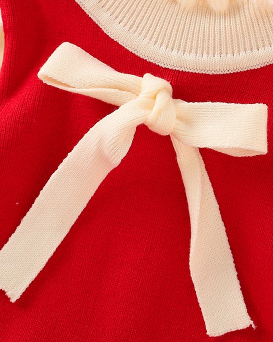 【18M-7Y】Girls Bow Long Sleeve Sweater Dress - 33256