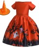 【2Y-11Y】2-piece Girls Multicolor Halloween Print Princess Dress With Hat - 33249