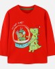 【18M-7Y】Boy Red Christmas Dinosaur Print Round Neck Long Sleeve T-shirt