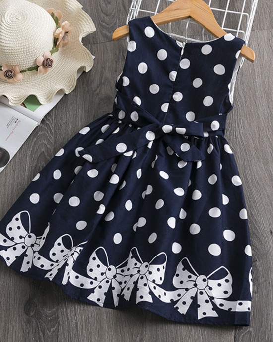 【2Y-12Y】Girls Polka Dot Bow Print Sleeveless Dress - 33315