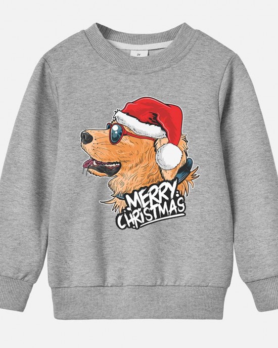 【12M-9Y】Unisex Kids Cotton Stain Resistant Christmas Golden Retriever Dog Print Long Sleeve Sweatshirt