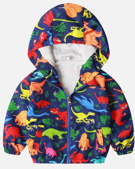 【18M-6Y】Boys Navy Dinosaur Print Hooded Jacket