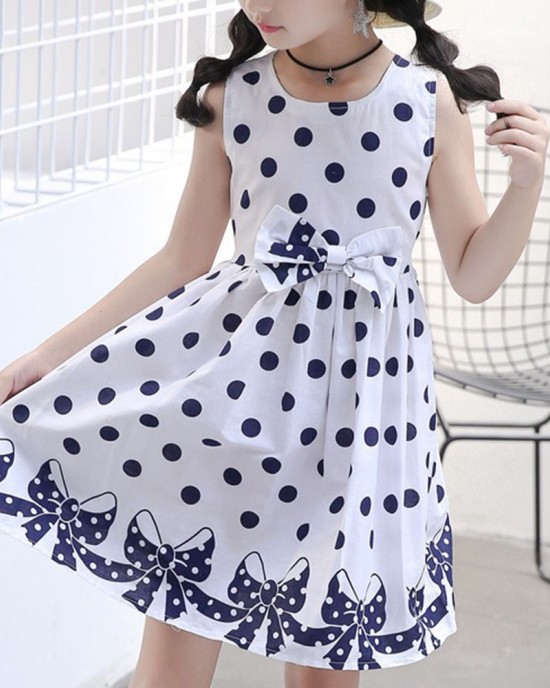 【2Y-12Y】Girls Polka Dot Bow Print Sleeveless Dress - 33315