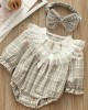 【0M-24M】2-piece Baby Girls Cotton Plaid Long Sleeve Romper With Hairband