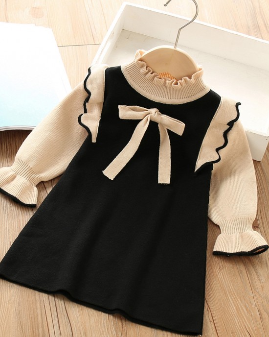 【18M-7Y】Girls Bow Long Sleeve Sweater Dress - 33256