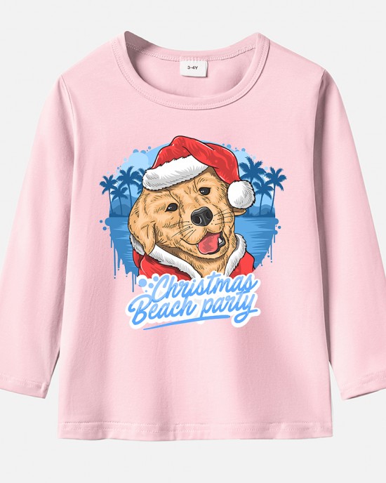 【12M-9Y】Unisex Kid Cotton Stain Resistant Christmas Golden Retriever Dog Print Long Sleeve Tee