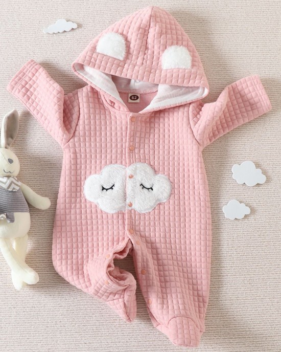 【0M-9M】Baby Girl Pink Thick Cloud Embroidered Long Sleeve Hooded Romper