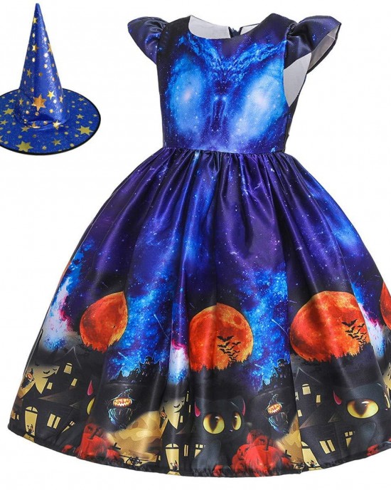 【2Y-11Y】2-piece Girls Multicolor Halloween Print Princess Dress With Hat - 33249