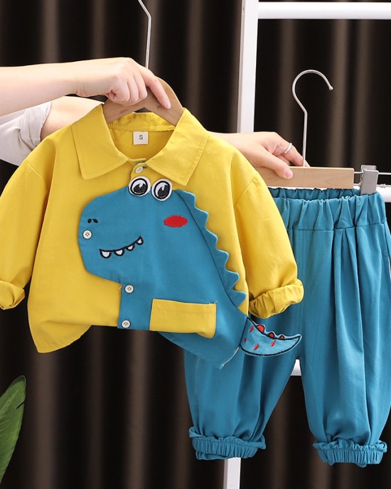 【9M-4Y】2-piece Boys Dinosaur Embroidered Long Sleeve Shirt And Pants Set