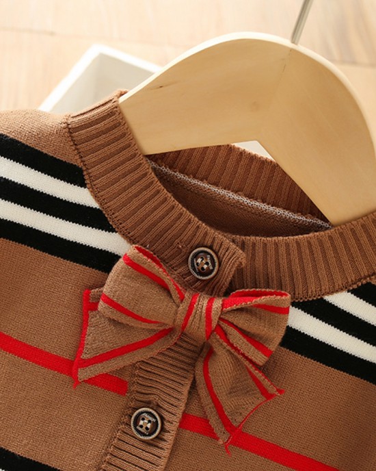 【18M-7Y】Girls Striped Sweater Cardigan And Pleated Skirt Set - 34271