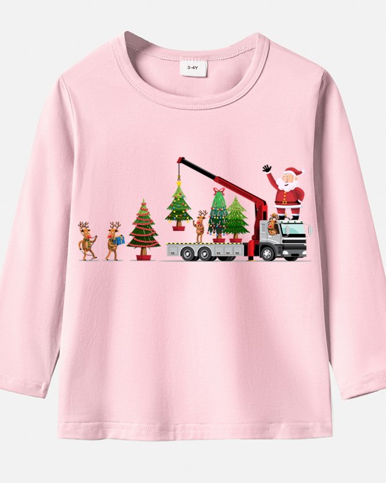 【12M-9Y】Unisex Kids Cotton Stain Resistant Christmas Print Long Sleeve Tee