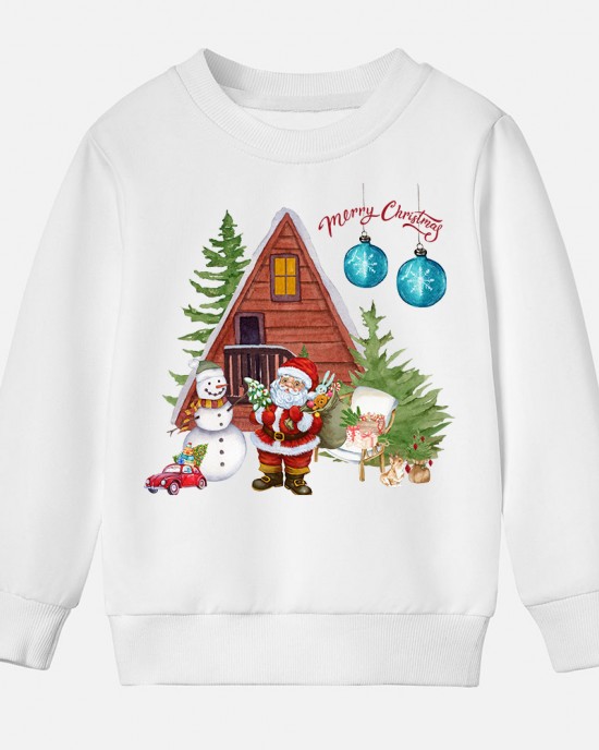 【12M-9Y】Unisex Kids Cotton Stain Resistant Christmas Print Long Sleeve Sweatshirt