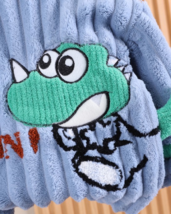 【9M-4Y】2-piece Boys Thick Flannel Dinosaur Embroidered Pajama Set