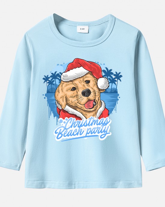 【12M-9Y】Unisex Kid Cotton Stain Resistant Christmas Golden Retriever Dog Print Long Sleeve Tee