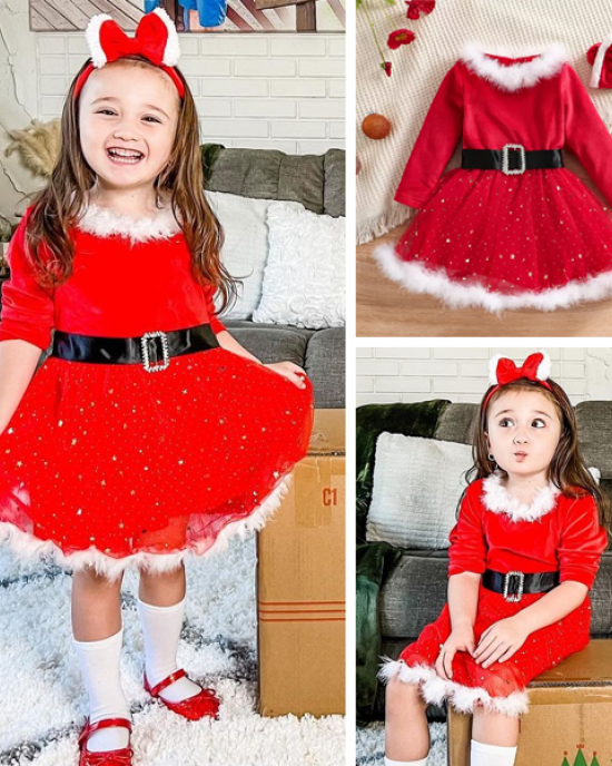 【18M-7Y】Girl Sweet Christmas Star Mesh Red Dress With Headband - 33228