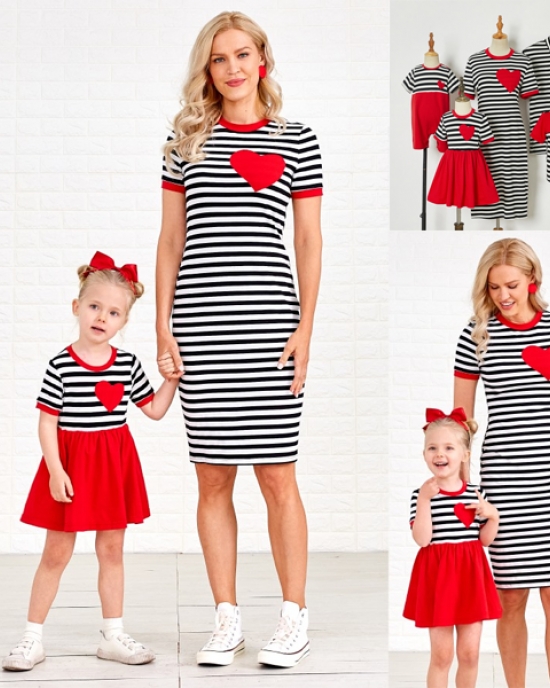 Casual Striped Red Heart-shaped Embroidery Family Matching Outfits - 1361