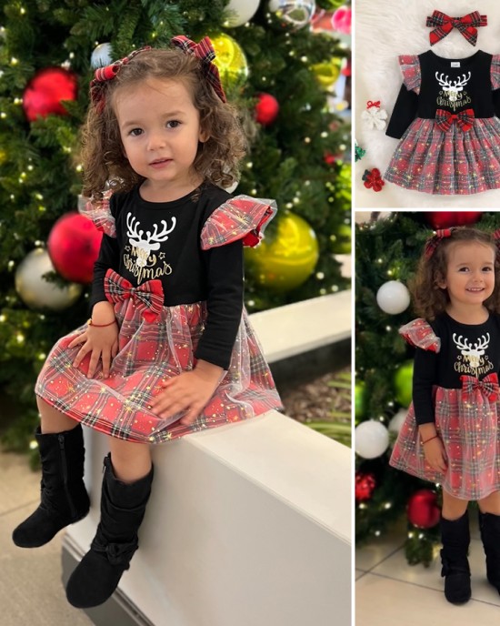 【3M-24M】Girls Christmas Elk Printed Long Sleeve Plaid Dress - 33264