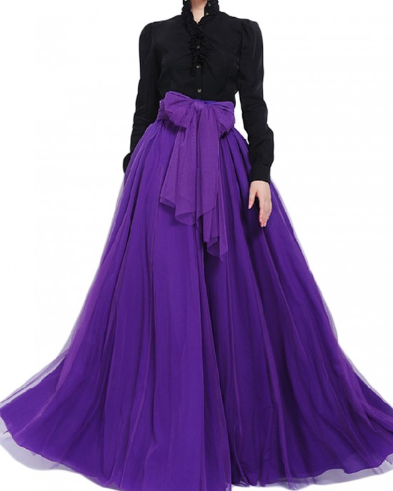 Bow Belt Solid Color Mesh Tulle Pleated High Waist Women Maxi Skirt