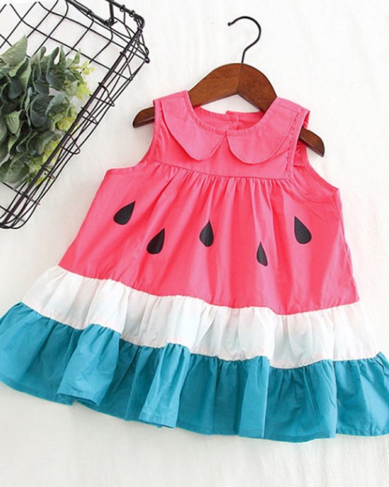 【18M-7Y】Girls Cute Contrast Stitching Doll Collar Sleeveless Dress - 3387