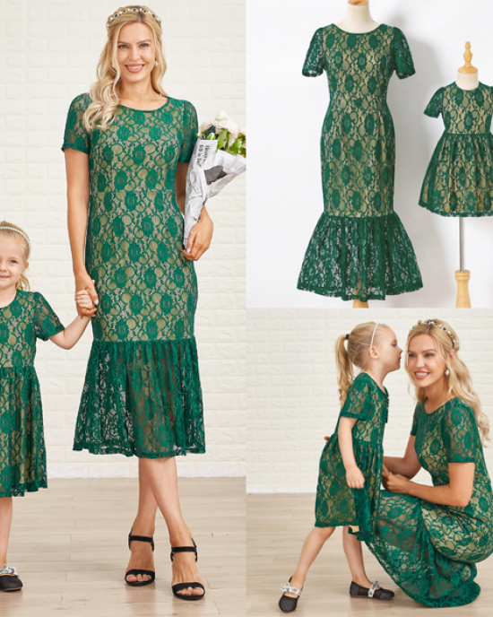 Sweet Green Lace Mom Girl Matching Dress