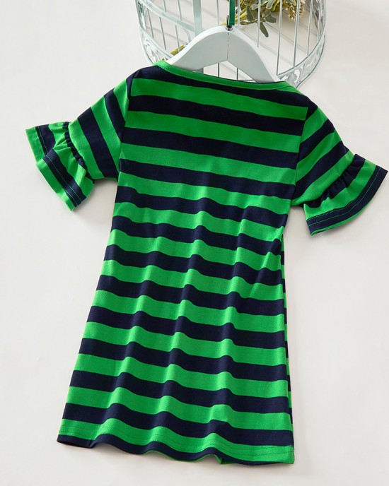 Casual Green Knitted Striped Round Neck Long Sleeves Mom Girl Matching Dress