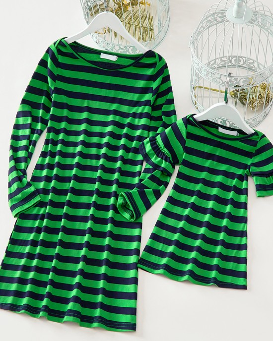 Casual Green Knitted Striped Round Neck Long Sleeves Mom Girl Matching Dress