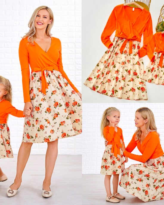 Sweet V-neck Long Sleeved Stitching Flower Orange Mom Girl Matching Dress