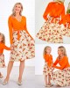 Sweet V-neck Long Sleeved Stitching Flower Orange Mom Girl Matching Dress