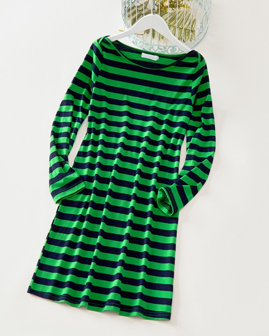 Casual Green Knitted Striped Round Neck Long Sleeves Mom Girl Matching Dress