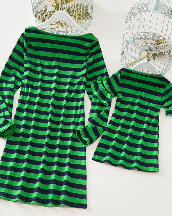 Casual Green Knitted Striped Round Neck Long Sleeves Mom Girl Matching Dress