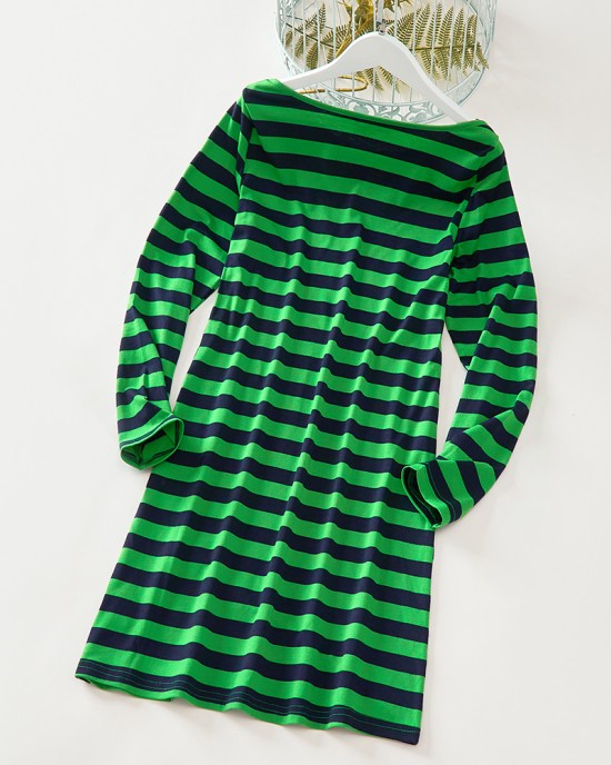 Casual Green Knitted Striped Round Neck Long Sleeves Mom Girl Matching Dress