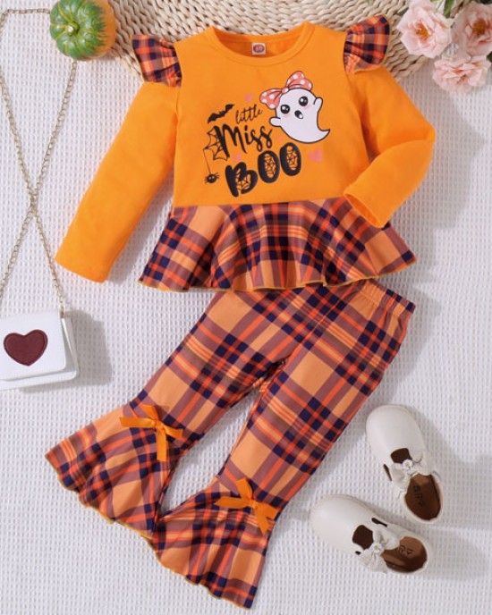 【12M-5Y】Girls Cute Halloween Print Long Sleeve T-shirt And Plaid Flare Pants Set - 34261