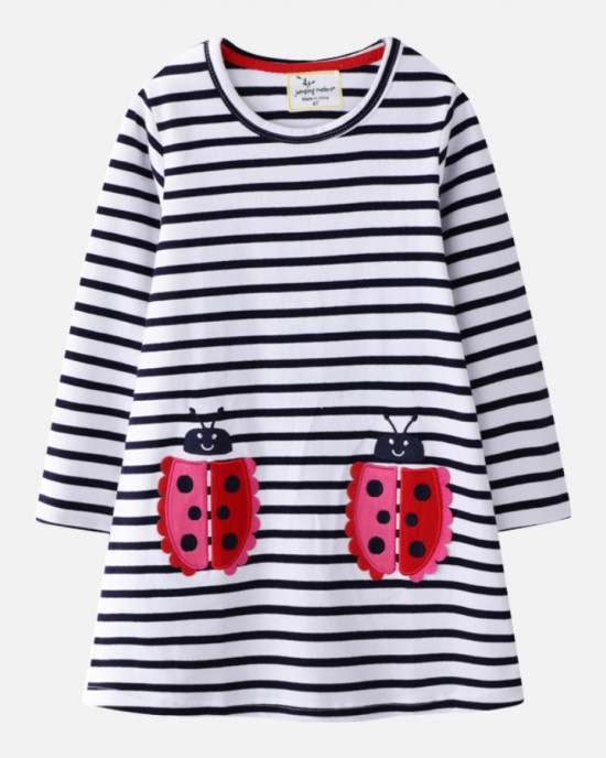 【18M-9Y】Sweet Embroidery Black And White Striped Long Sleeve Knitted Dress - 33261