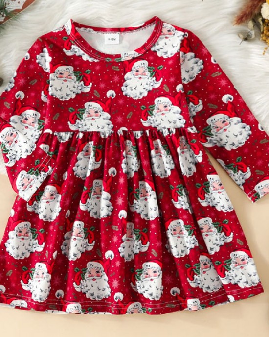 【9M-4Y】Girl Cute Christmas Santa Claus Print Long Sleeve Dress