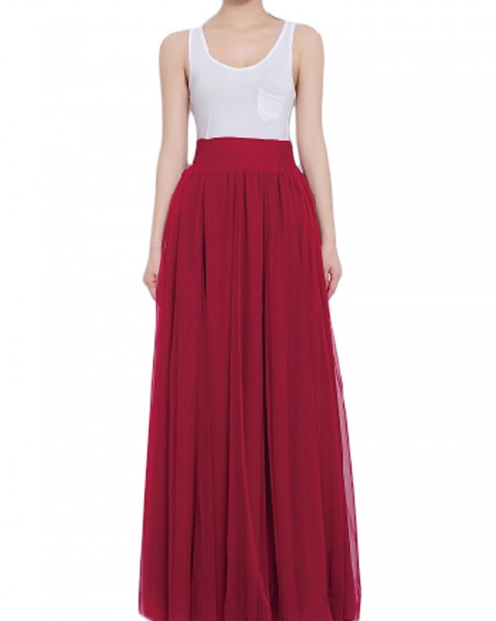 Bow Belt Solid Color Mesh Tulle Pleated High Waist Women Maxi Skirt