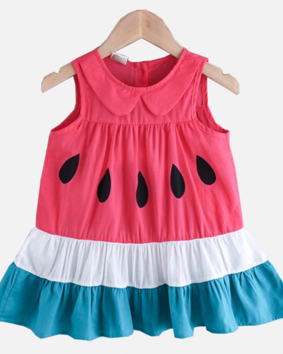 【18M-7Y】Girls Cute Contrast Stitching Doll Collar Sleeveless Dress - 3387