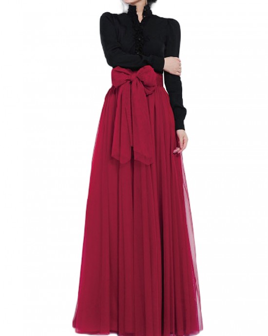 Bow Belt Solid Color Mesh Tulle Pleated High Waist Women Maxi Skirt