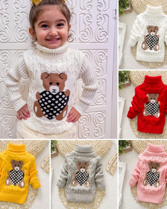 【18M-8Y】Kids Bear Pattern High Neckline Sweater - 3107