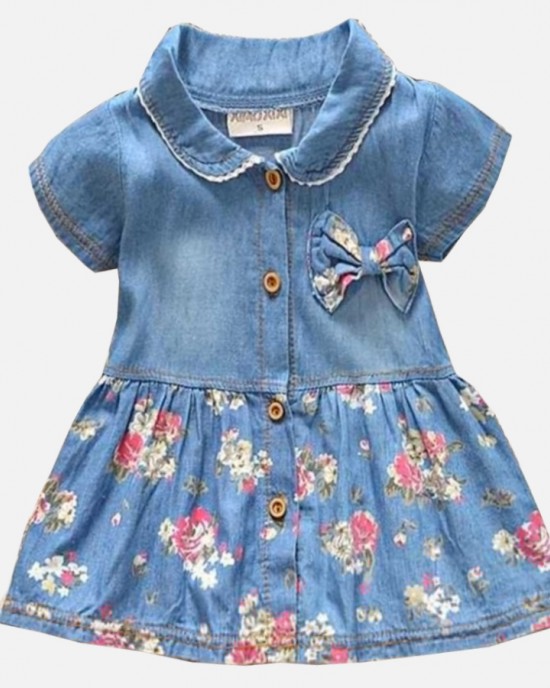 【9M-3Y】Girls Denim Floral Short Sleeve Dress