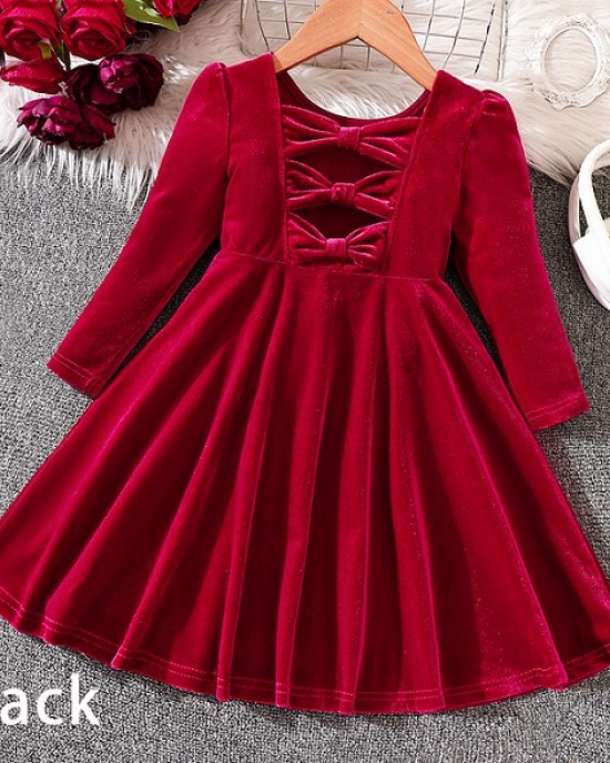 【18M-6Y】Girls Sweetheart Back Bow Red Velvet Dress