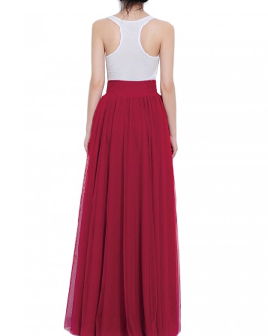 Bow Belt Solid Color Mesh Tulle Pleated High Waist Women Maxi Skirt