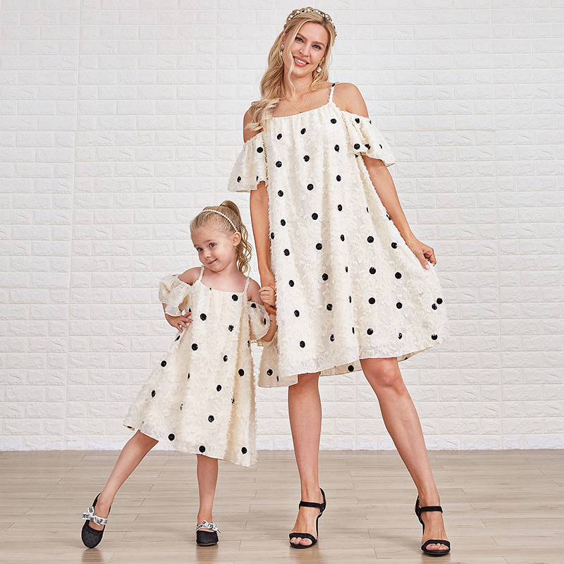 Sweet Polka Dot Off The Shoulder Mom Girl Matching Dress - 1330 Sweet Polka Dot Off The Shoulder Mom Girl Matching Dress - 1330