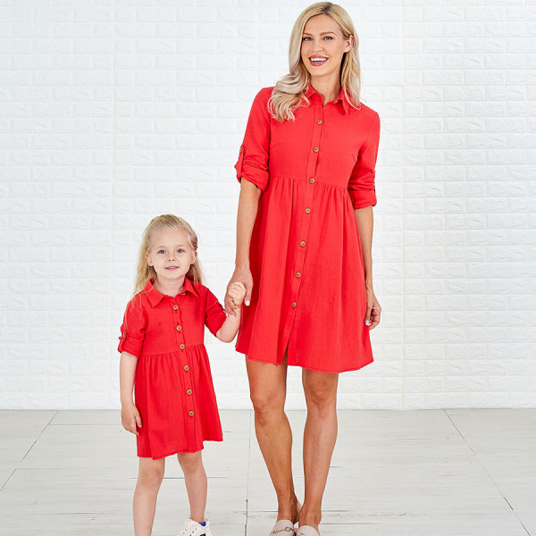 Sweet Red Cotton Blend Lapel Long Sleeves Mom Girl Matching Dress - 1390 Sweet Red Cotton Blend Lapel Long Sleeves Mom Girl Matching Dress - 1390