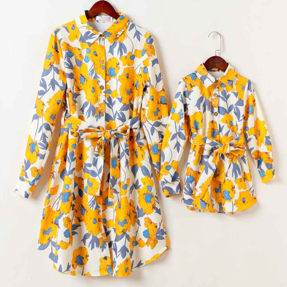 Sweet Yellow Flowers Long Sleeve Mom Girl Matching Shirt Dress - 13143 Sweet Yellow Flowers Long Sleeve Mom Girl Matching Shirt Dress - 13143