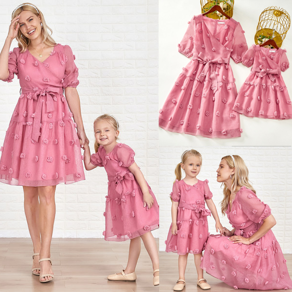 Sweet Pink Chiffon Jacquard Short Sleeve Mom Girl Matching Dress - 1309 Sweet Pink Chiffon Jacquard Short Sleeve Mom Girl Matching Dress - 1309