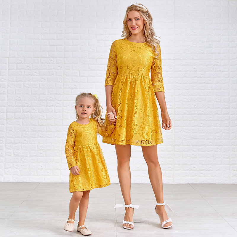 Sweet Yellow Lace Round Neck Sleeves Mom Girl Matching Dress - 1397 Sweet Yellow Lace Round Neck Sleeves Mom Girl Matching Dress - 1397